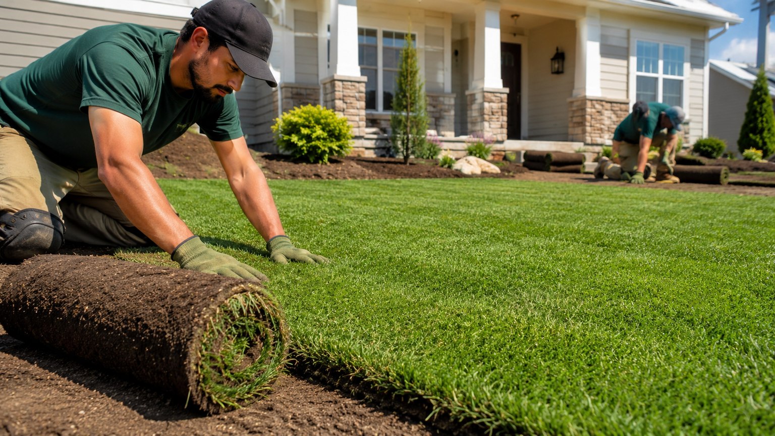 Crew laying fresh sod rolls in a front yard