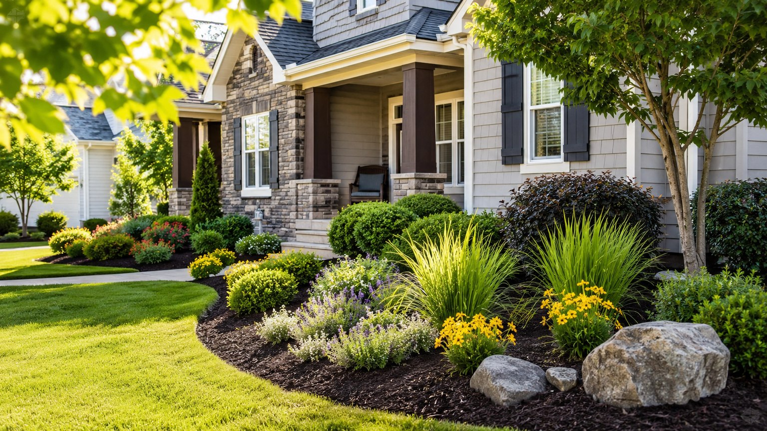 Fresh-mulched flower bed with ornamental grasses